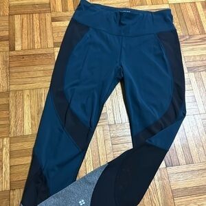 Sweaty Betty M Leggings The Power Mesh Trim Blue & Black Stretch Pants Yoga